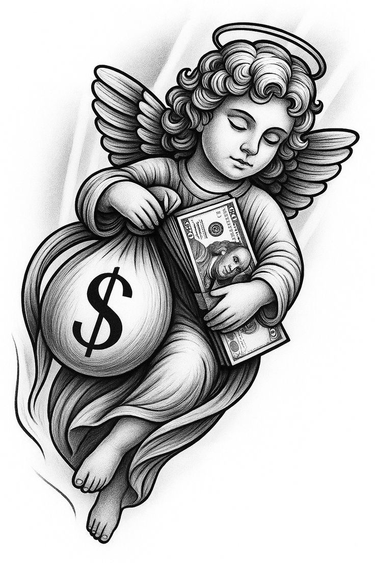 Desenho de tatuagem Realismo P&B "Anjinho com Dólar" disponível com Bruno Bicudo, tatuador em São Paulo